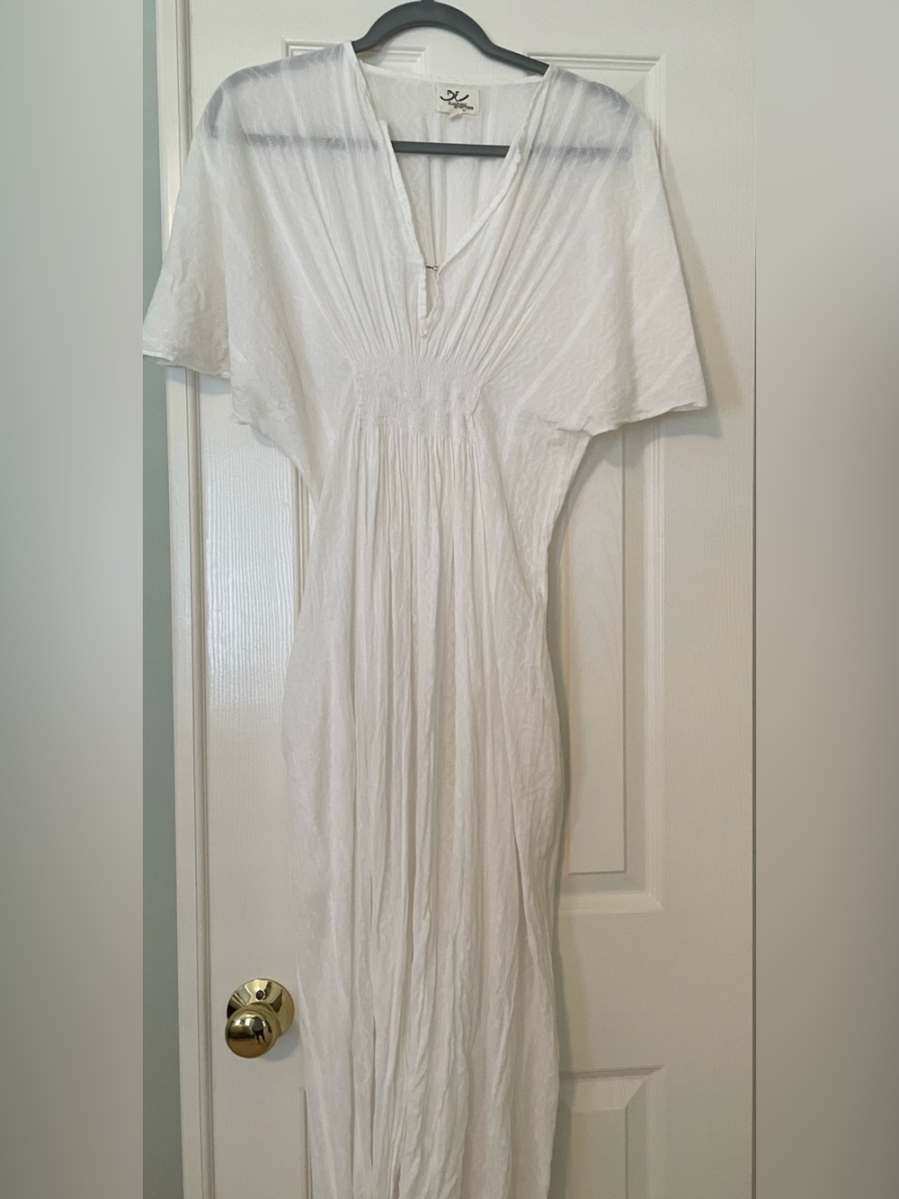 Binding Energies White Boho Maxi Dress Smocked Waist Sheer Textured Resort